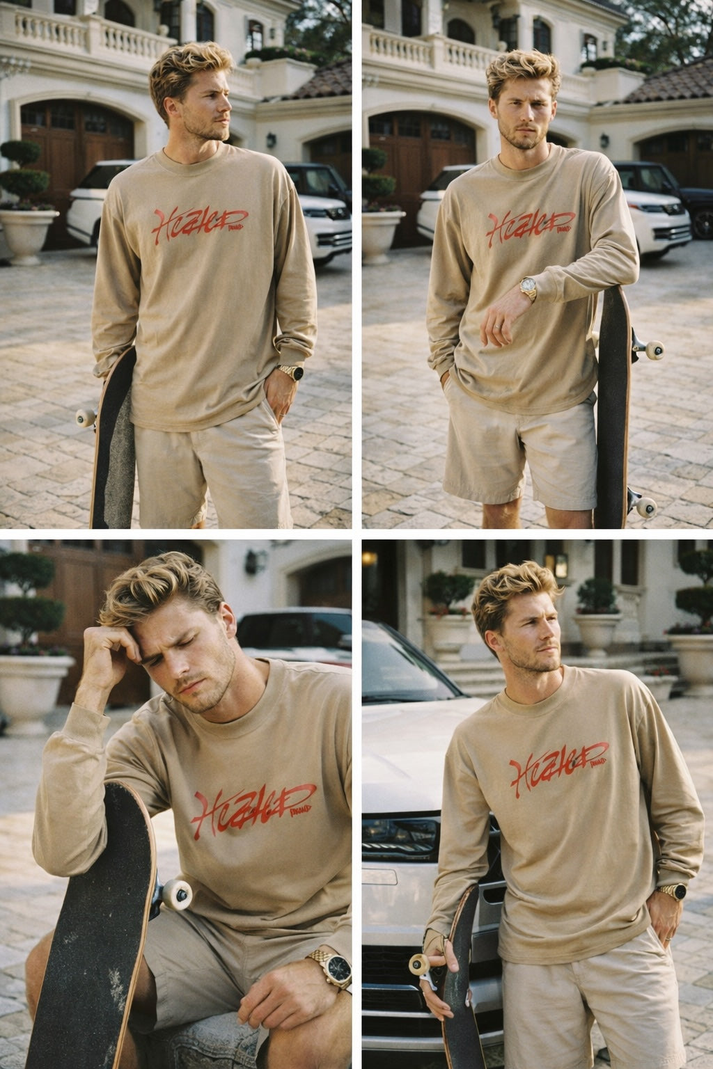 Man wearing a beige sweatshirt with red text, sitting on a skateboard in a driveway.