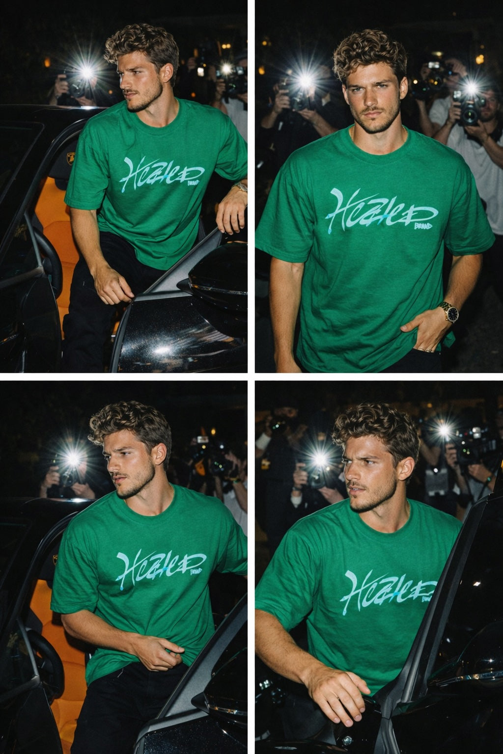 Man wearing a green t-shirt with 'Heated' logo, standing next to a car at night.