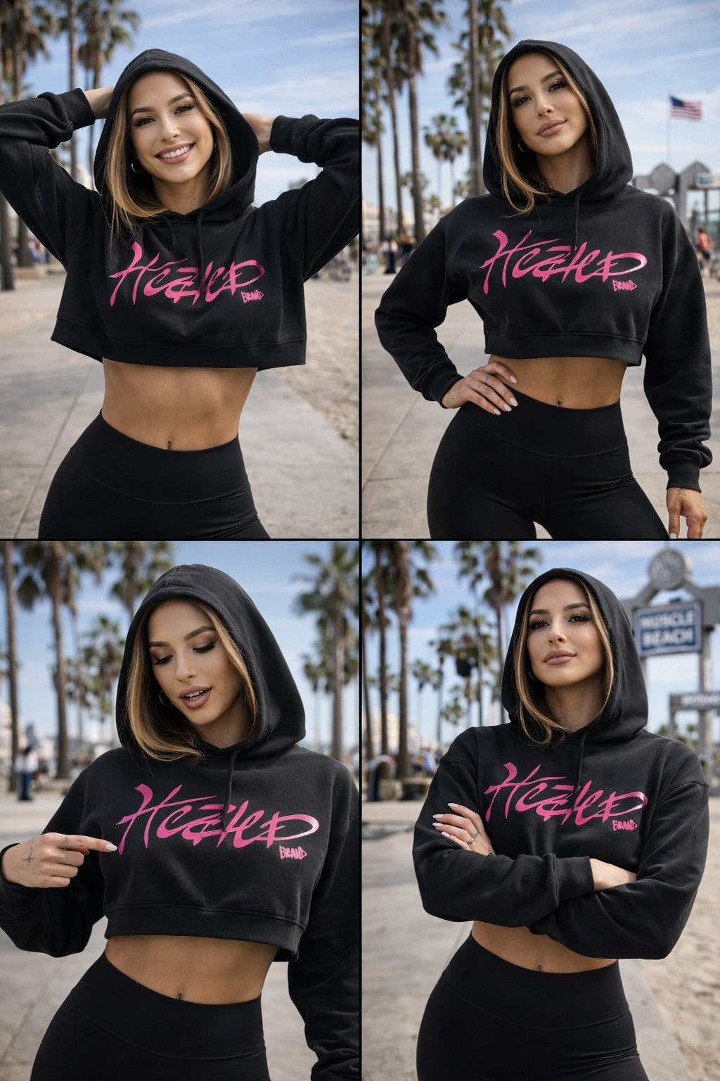 Woman wearing a black hoodie with pink text, posing outdoors with palm trees in the background.