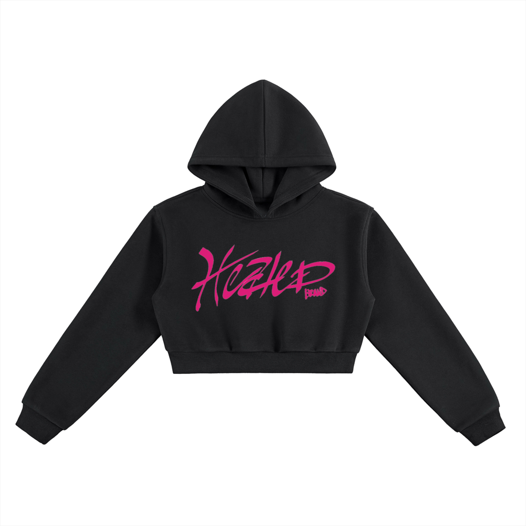 Black hoodie with pink text on a white background