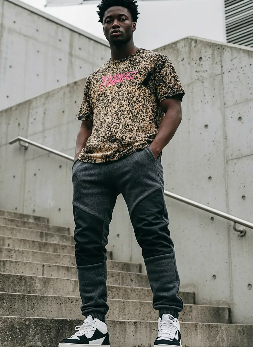 Person wearing a patterned shirt and dark pants standing on concrete steps.