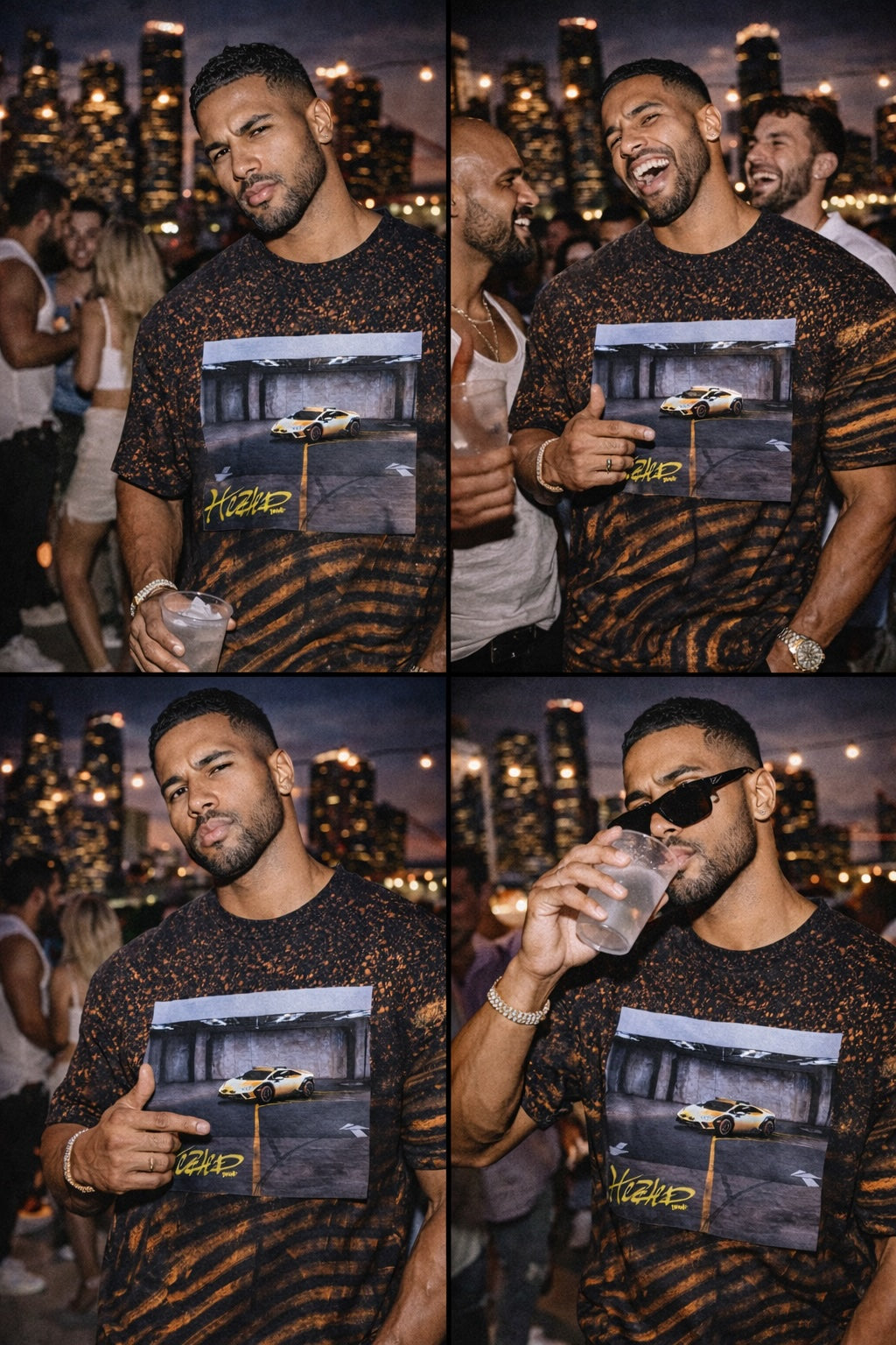 Man wearing a black patterned shirt with a graphic design, standing in an urban setting at night.