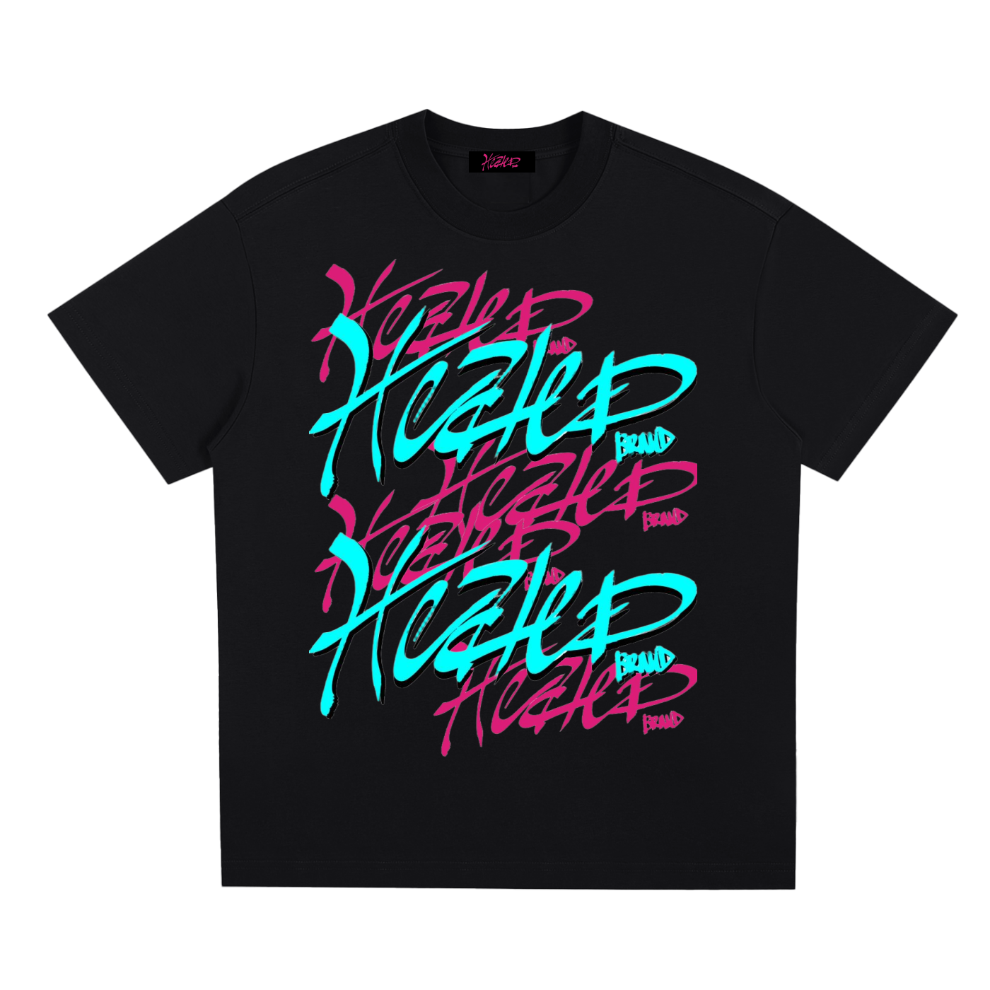 Black t-shirt with colorful text design on a white background