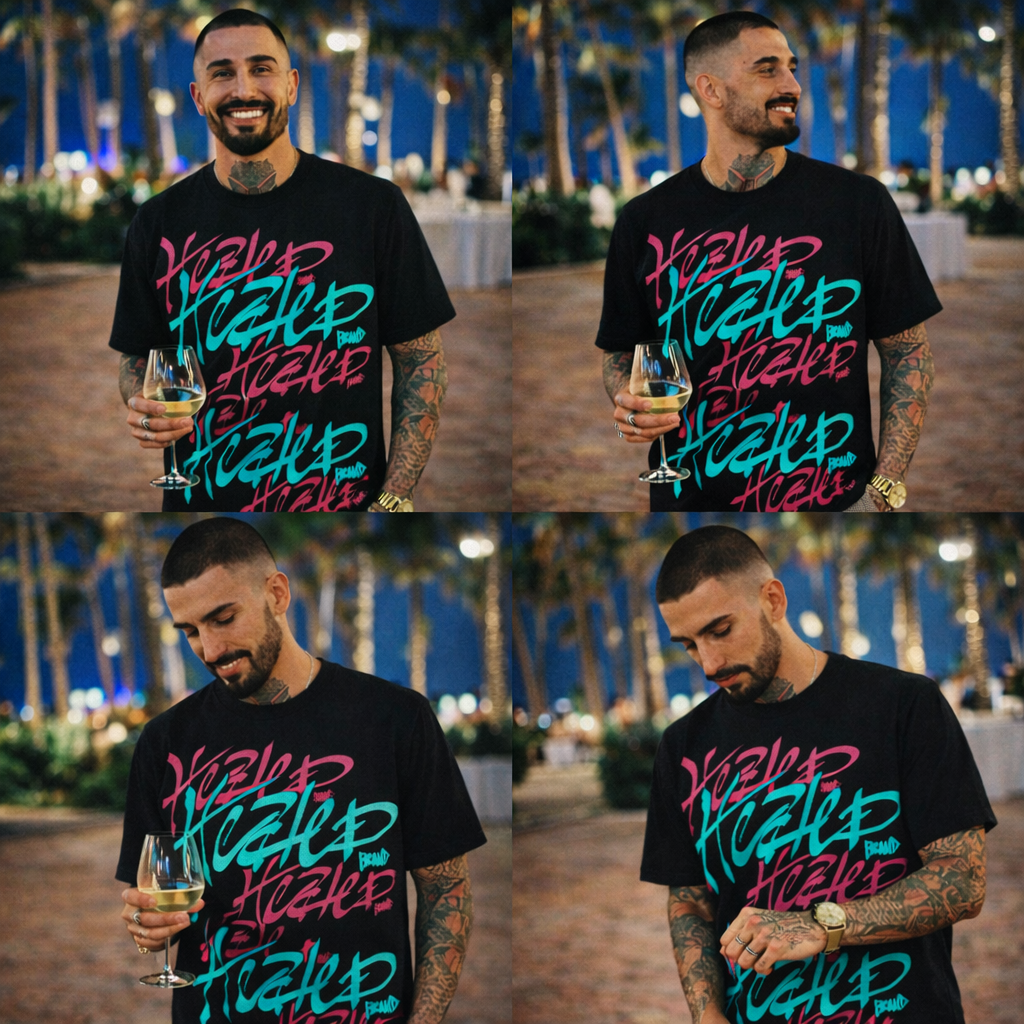 Man wearing a black t-shirt with colorful text, holding a glass, in an outdoor setting.