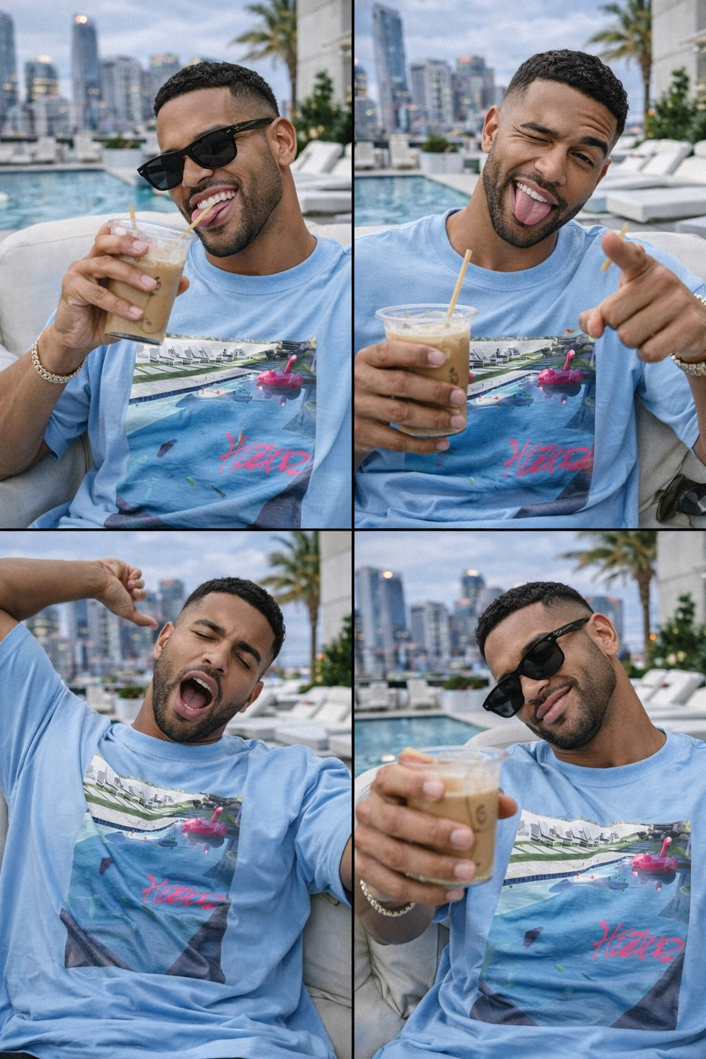 Man in a blue t-shirt with a pool and cityscape design, holding a drink and making various gestures by a poolside.