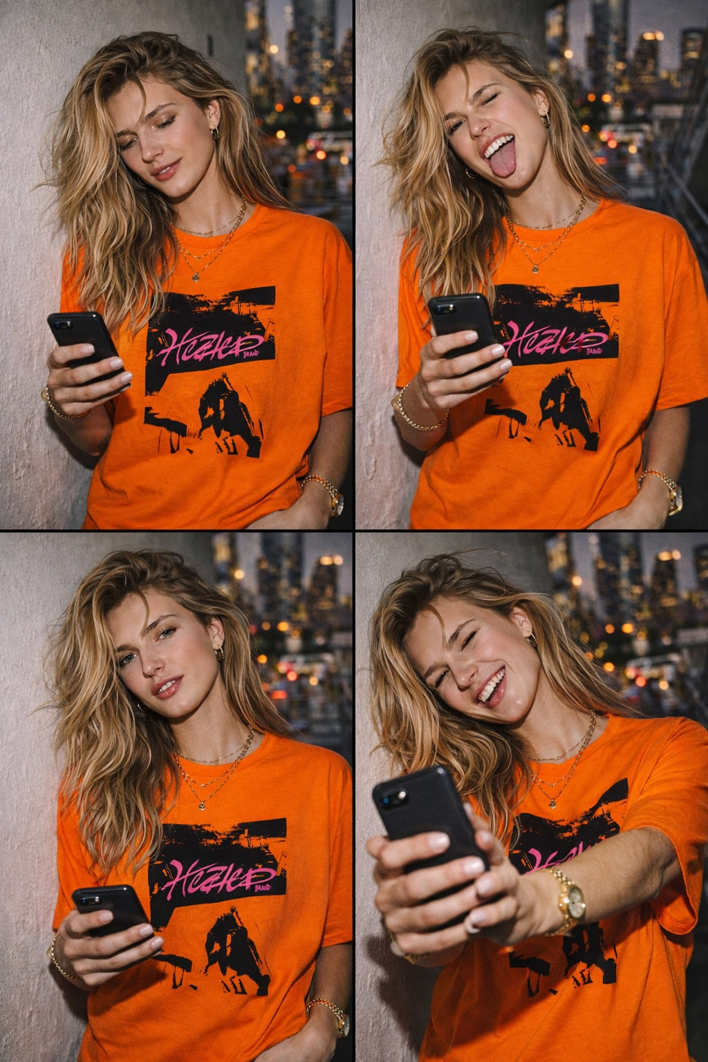 Four-panel collage of a woman wearing an orange t-shirt with a graphic design, using a phone in various poses.