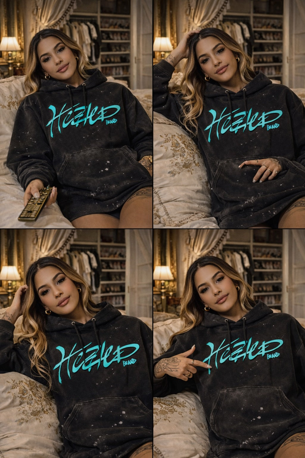 Woman wearing a black hoodie with 'Heated' text in a bedroom setting