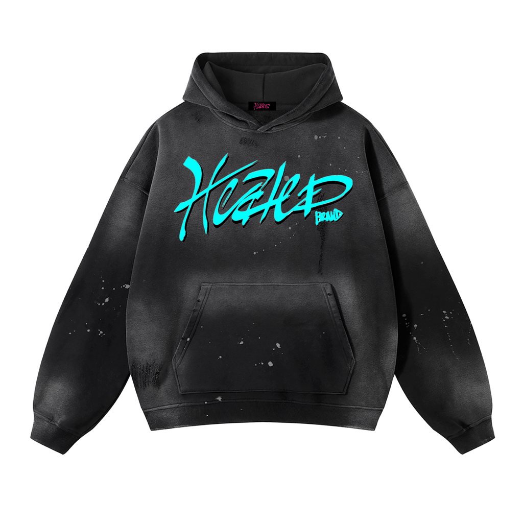 Black hoodie with blue text on a white background